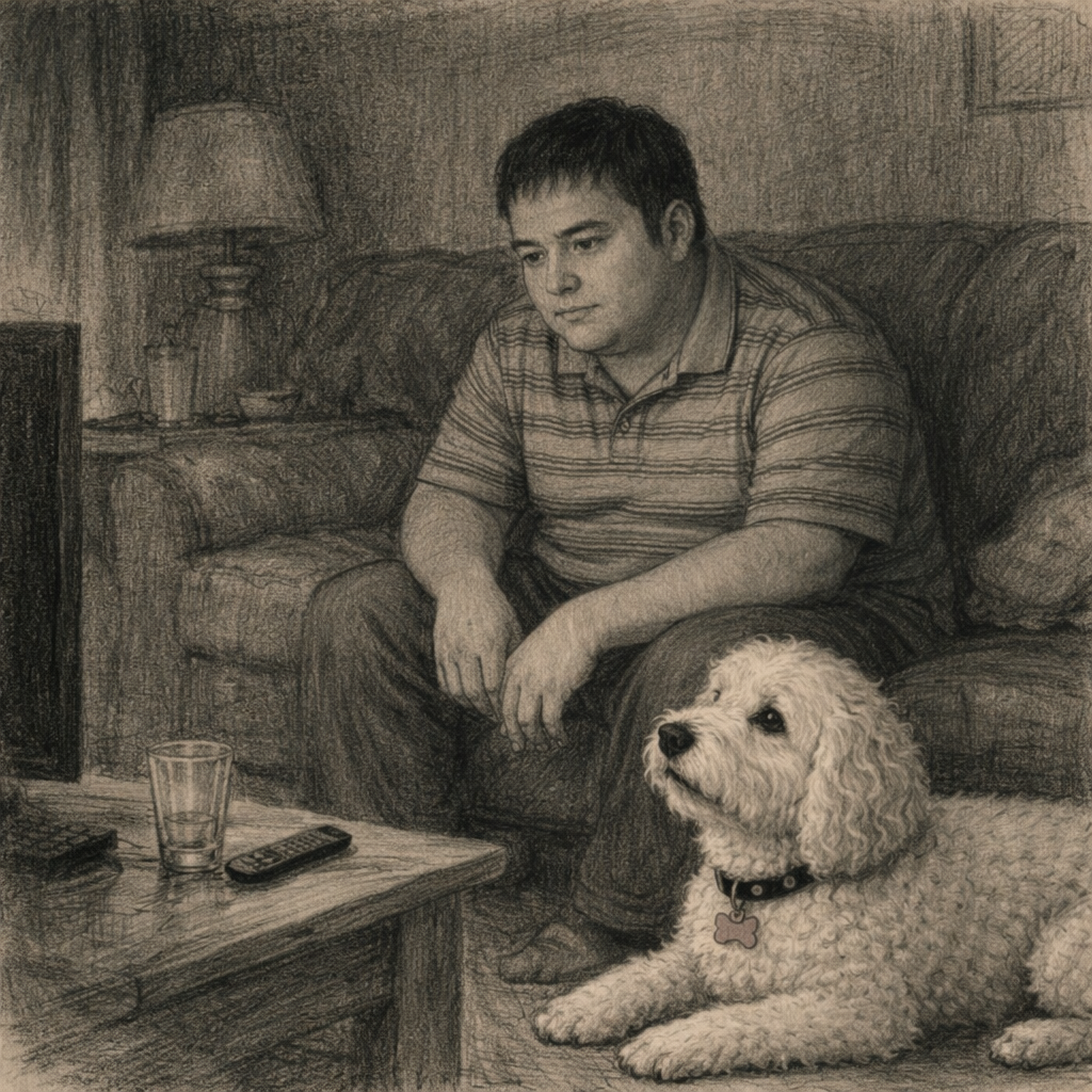 Pencil sketch of a man sitting on a couch with his dog